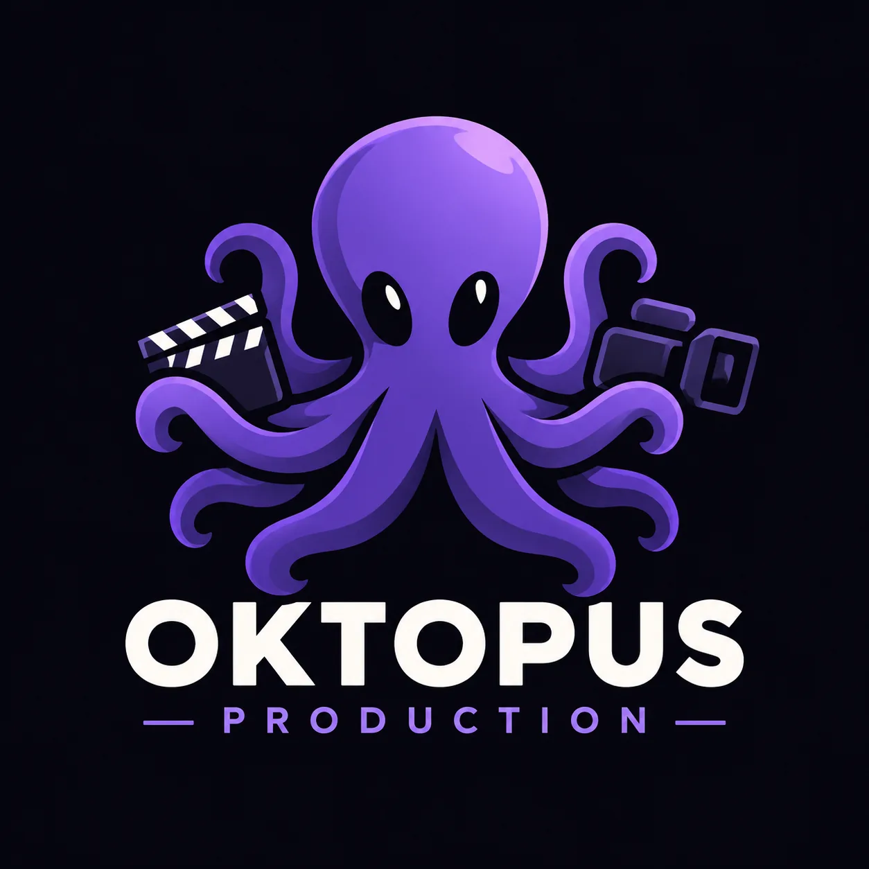 Oktopus Prod — a violet octopus holding a film clapperboard and a camera